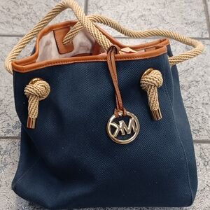Michael Kors Navy Canvas Tote with Tan Leather Trim and Rope Handles